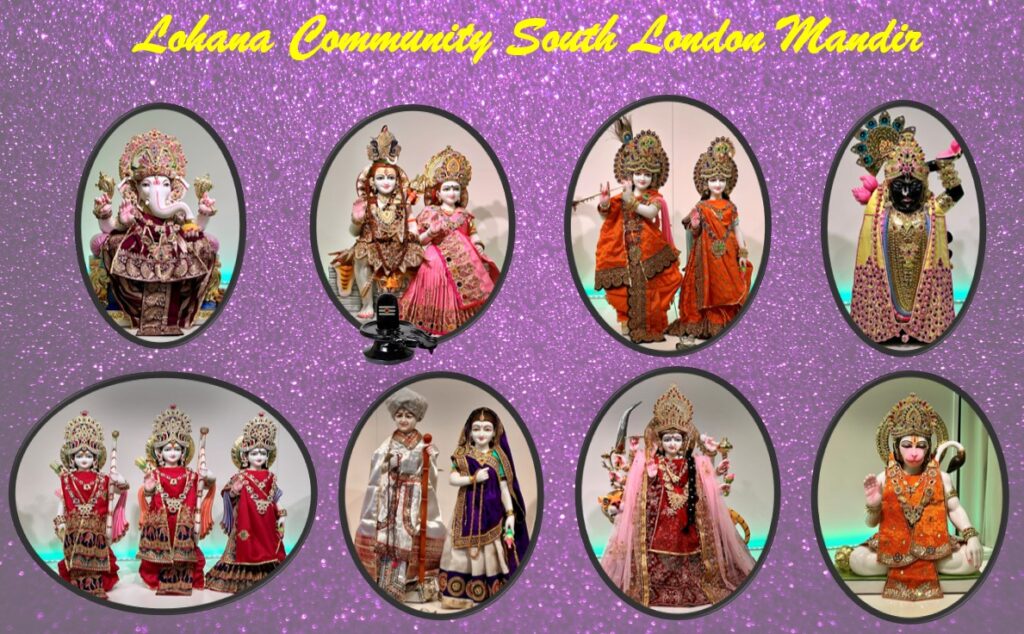 Collage of Hindu deity statues from Lohana Community South London Mandir